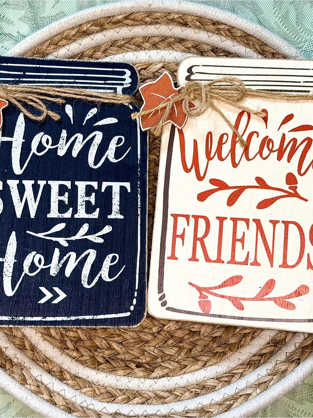 Welcome Friends & Home Sweet Home Shelf Sign Set - Navy and Cream